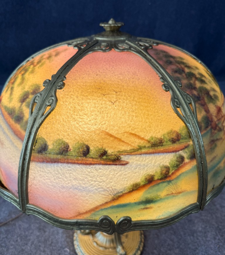 Early 1900s Reverse Painted Pastoral Landscape Lamp Early 1900s Reverse Painted Pastoral Landscape Lamp