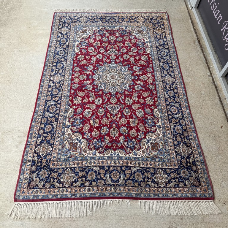 5x9 Tightly Hand-Knotted Wool & Silk Persian Kashan-Style Area Rug with Signature 5x9 Tightly Hand-Knotted Wool & Silk Persian Kashan-Style Area Rug with Signature