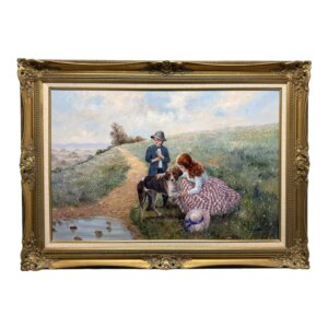Ornately Framed Oil on Canvas of a Walk in the Meadow