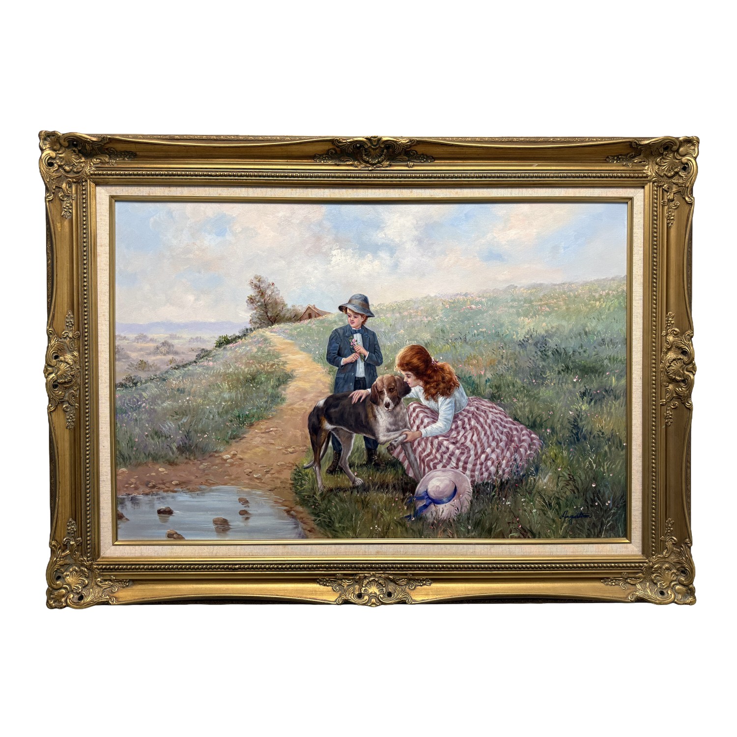 Ornately Framed Oil on Canvas of a Walk in the Meadow Ornately Framed Oil on Canvas of a Walk in the Meadow