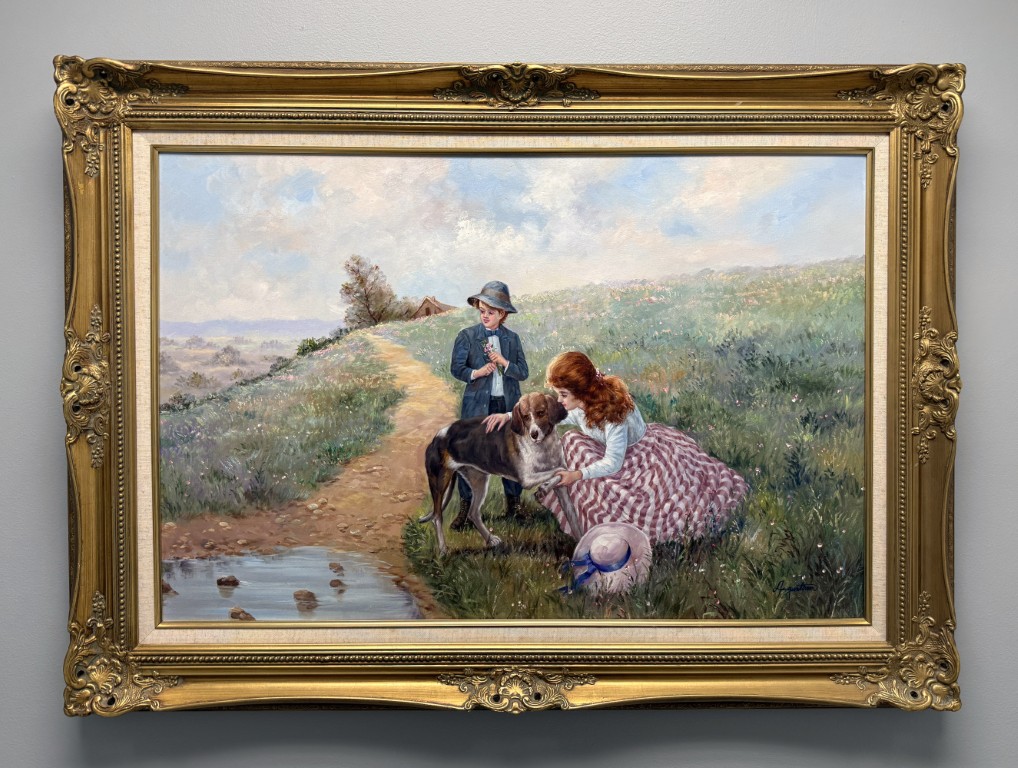 Ornately Framed Oil on Canvas of a Walk in the Meadow Ornately Framed Oil on Canvas of a Walk in the Meadow