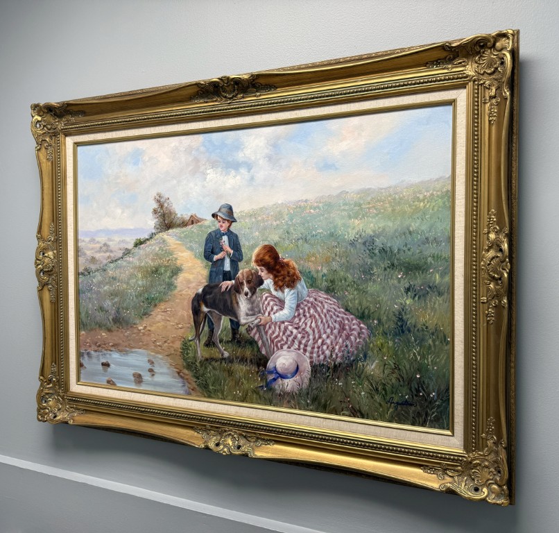 Ornately Framed Oil on Canvas of a Walk in the Meadow Ornately Framed Oil on Canvas of a Walk in the Meadow