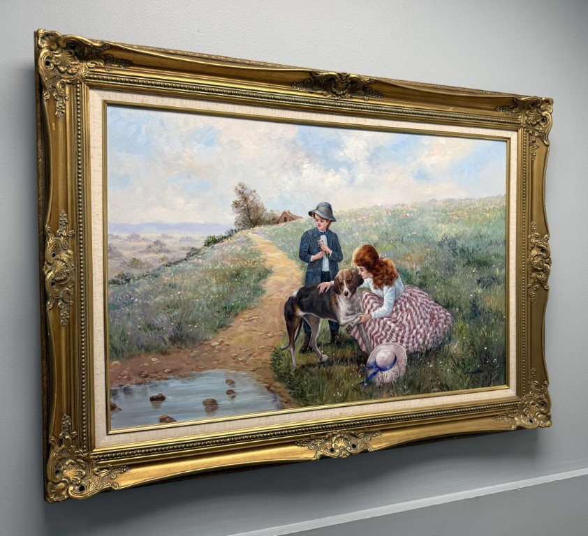 Ornately Framed Oil on Canvas of a Walk in the Meadow Ornately Framed Oil on Canvas of a Walk in the Meadow