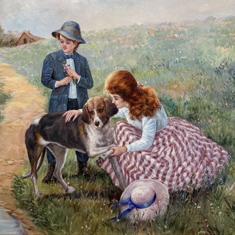 Ornately Framed Oil on Canvas of a Walk in the Meadow Ornately Framed Oil on Canvas of a Walk in the Meadow