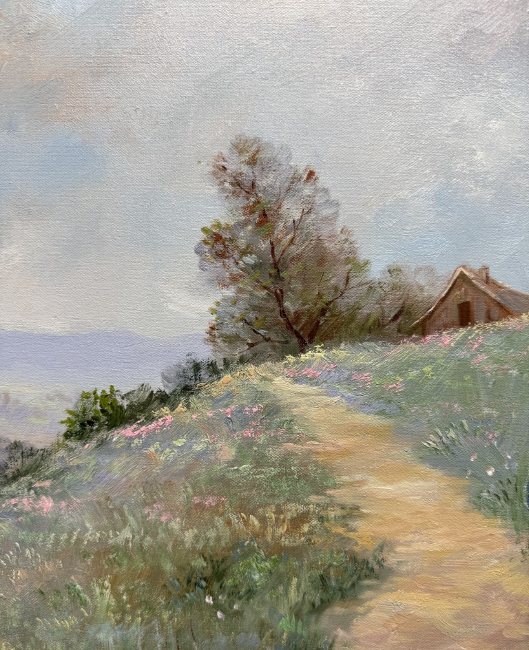 Ornately Framed Oil on Canvas of a Walk in the Meadow Ornately Framed Oil on Canvas of a Walk in the Meadow