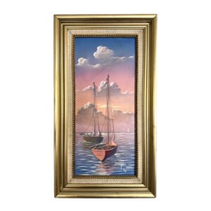 Vintage Original Painting on Canvas of Anchored Sailboats at Sunset