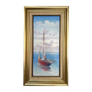 Vintage Original Painting on Canvas of Anchored Sailboat