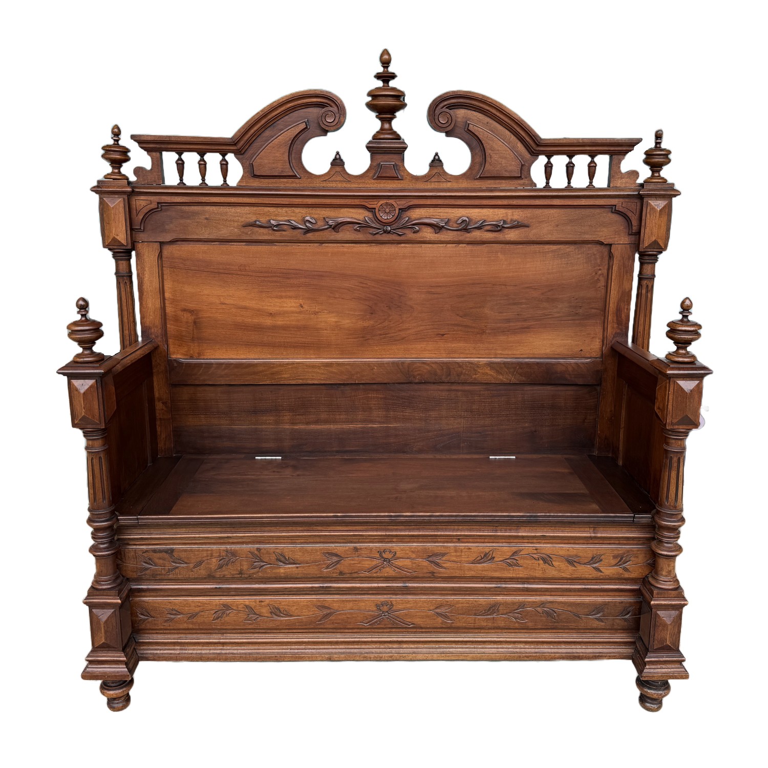 c1900 Carved European Foyer Bench with Storage c1900 Carved European Foyer Bench with Storage