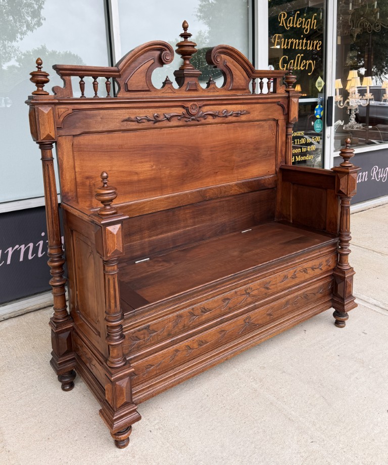 c1900 Carved European Foyer Bench with Storage c1900 Carved European Foyer Bench with Storage