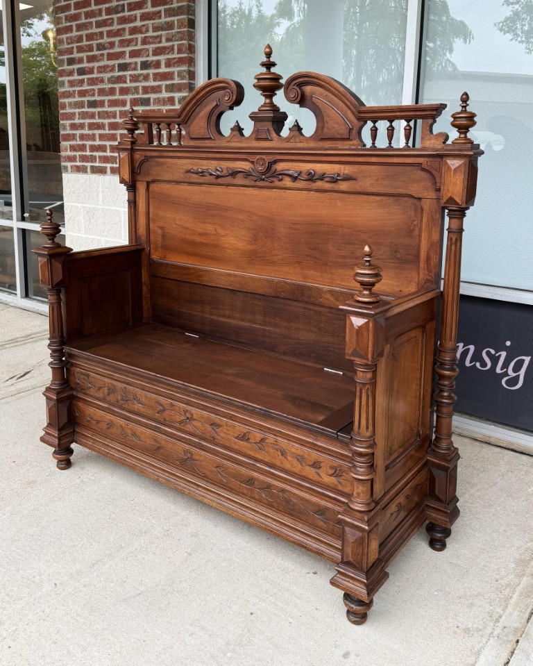 c1900 Carved European Foyer Bench with Storage c1900 Carved European Foyer Bench with Storage