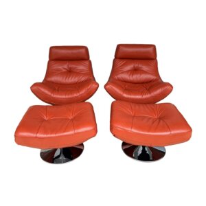 Pair of Mid-Century Modern Style Orange Club Chairs with Ottomans