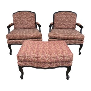 Pair of Fairfield Paisley Fauteuil Chairs with Ottoman