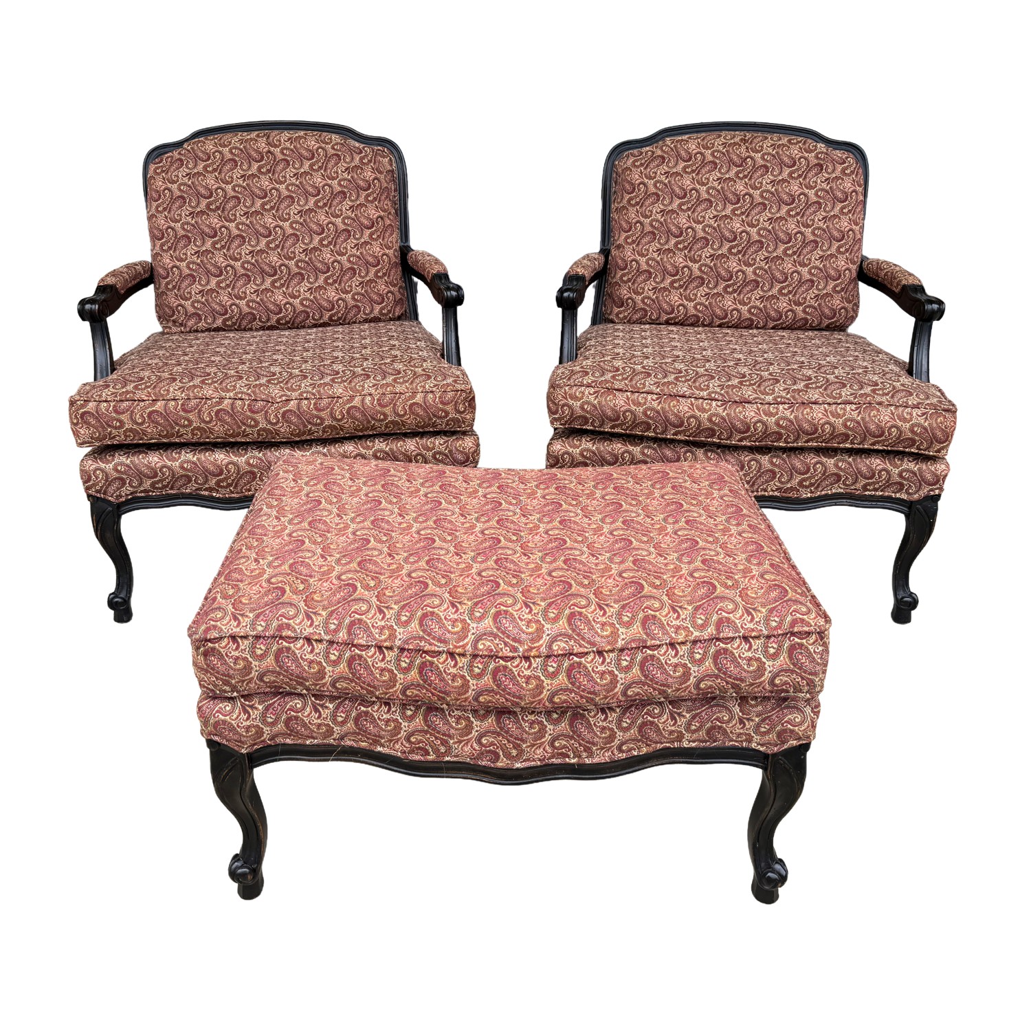 Pair of Fairfield Paisley Fauteuil Chairs with Ottoman Pair of Fairfield Paisley Fauteuil Chairs with Ottoman