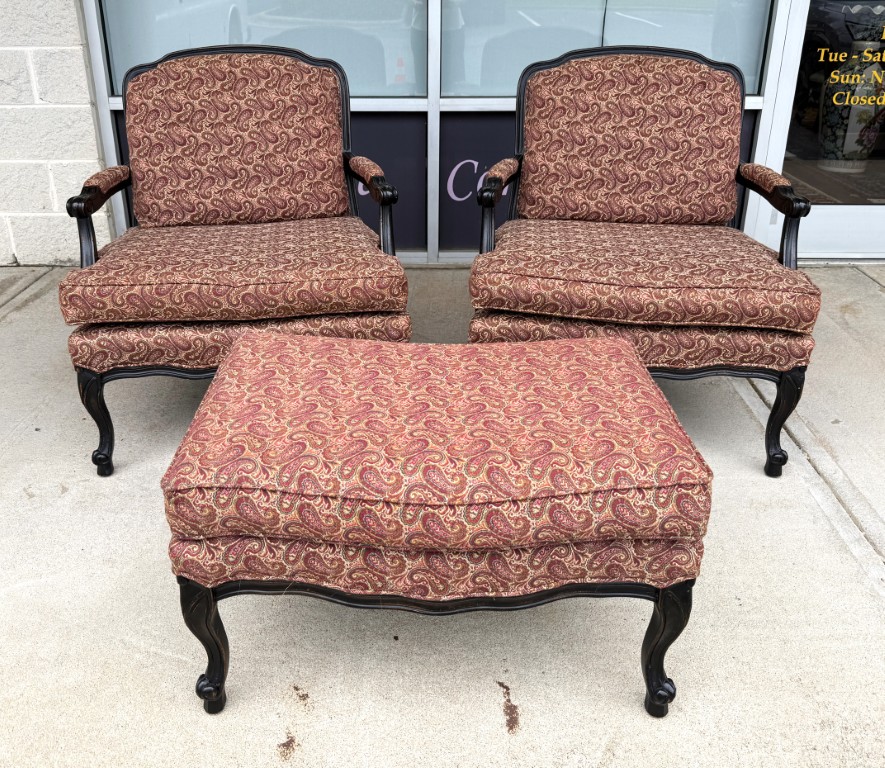 Pair of Fairfield Paisley Fauteuil Chairs with Ottoman Pair of Fairfield Paisley Fauteuil Chairs with Ottoman