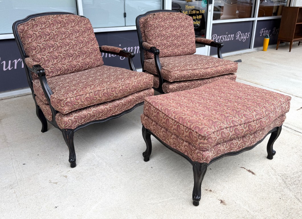 Pair of Fairfield Paisley Fauteuil Chairs with Ottoman Pair of Fairfield Paisley Fauteuil Chairs with Ottoman