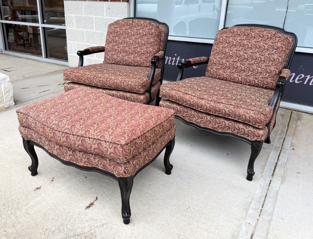 Pair of Fairfield Paisley Fauteuil Chairs with Ottoman Pair of Fairfield Paisley Fauteuil Chairs with Ottoman