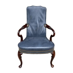 Vintage Blue Leather Desk Chair with Wooden Arms
