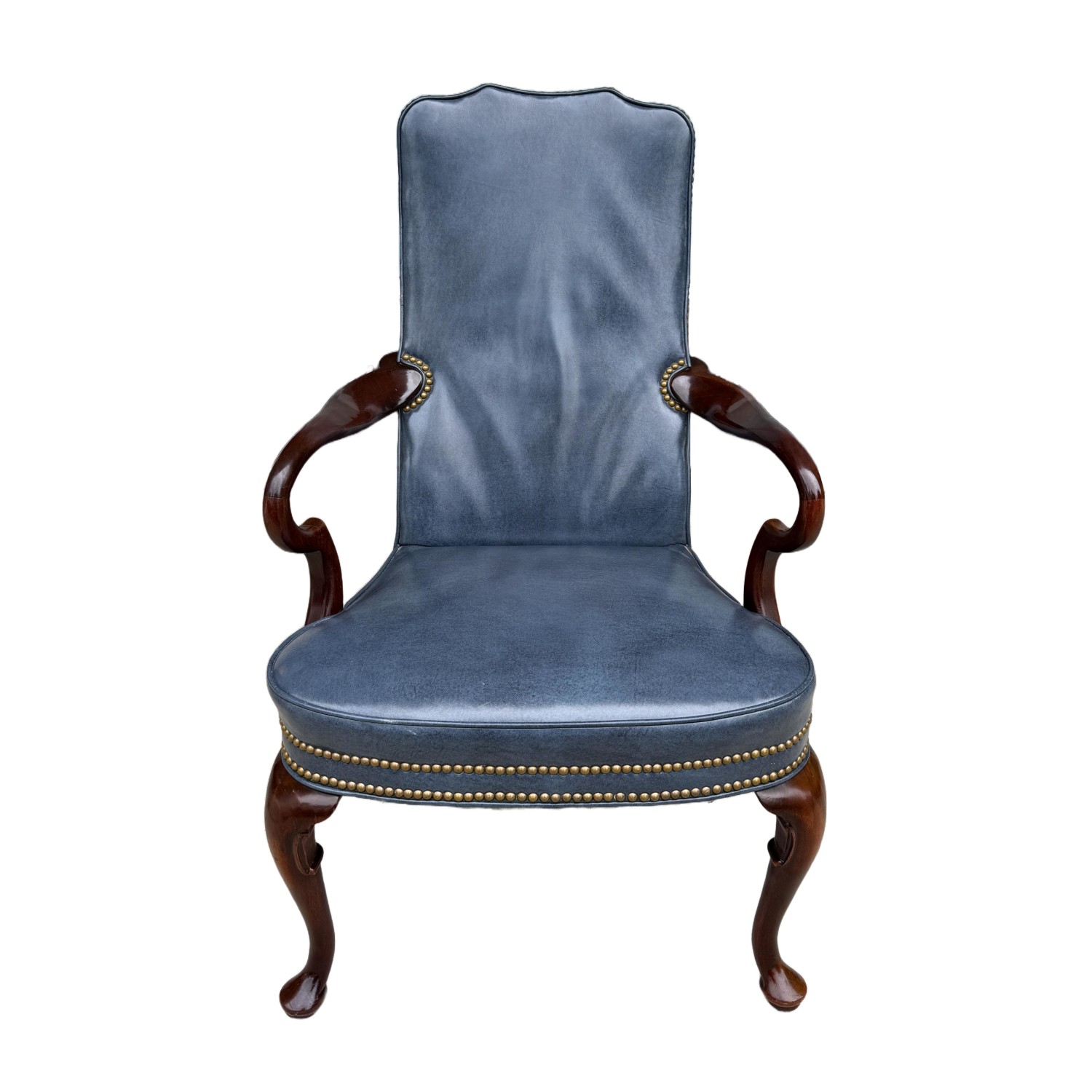 Vintage Blue Leather Desk Chair with Wooden Arms Vintage Blue Leather Desk Chair with Wooden Arms