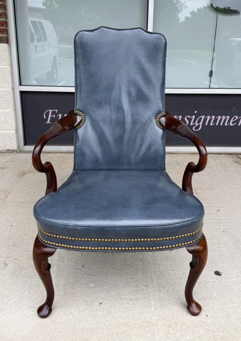Vintage Blue Leather Desk Chair with Wooden Arms Vintage Blue Leather Desk Chair with Wooden Arms