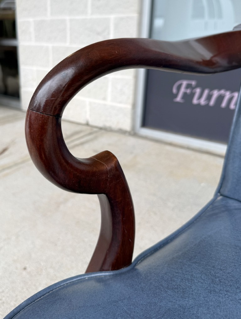 Vintage Blue Leather Desk Chair with Wooden Arms Vintage Blue Leather Desk Chair with Wooden Arms
