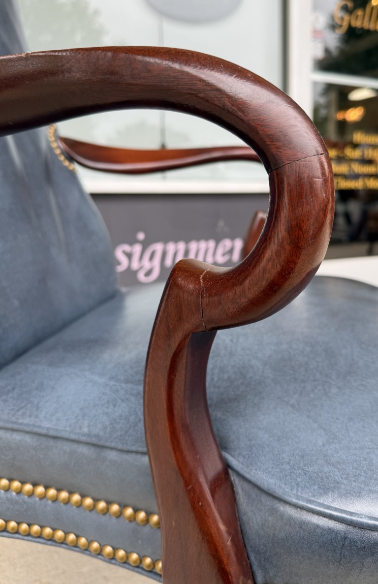 Vintage Blue Leather Desk Chair with Wooden Arms Vintage Blue Leather Desk Chair with Wooden Arms