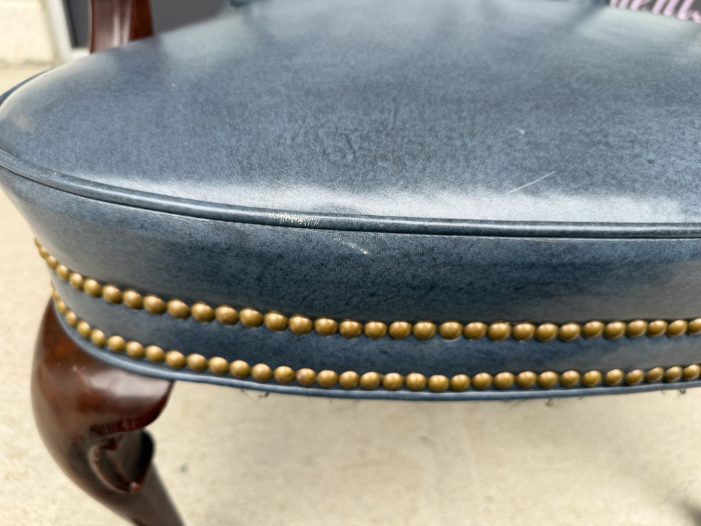 Vintage Blue Leather Desk Chair with Wooden Arms Vintage Blue Leather Desk Chair with Wooden Arms