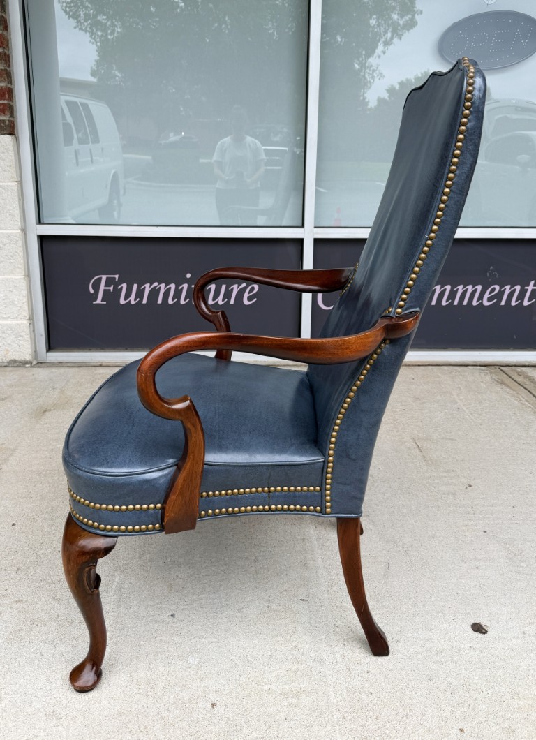 Vintage Blue Leather Desk Chair with Wooden Arms Vintage Blue Leather Desk Chair with Wooden Arms