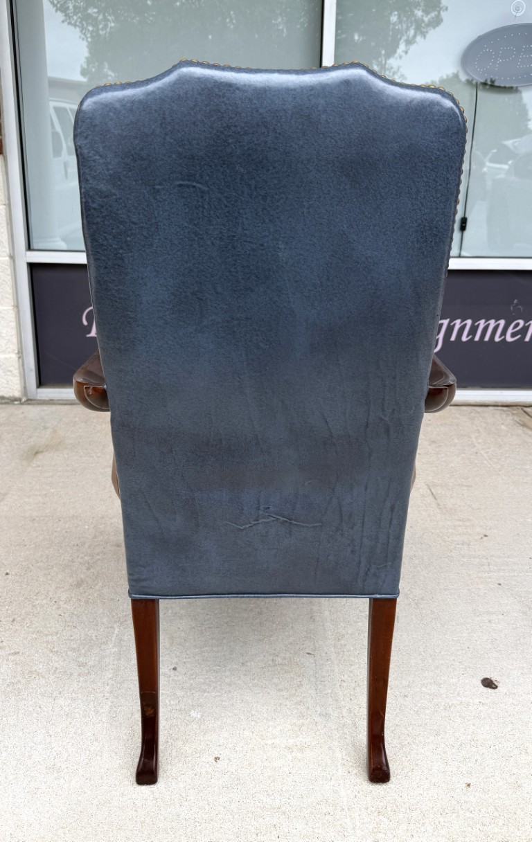 Vintage Blue Leather Desk Chair with Wooden Arms Vintage Blue Leather Desk Chair with Wooden Arms