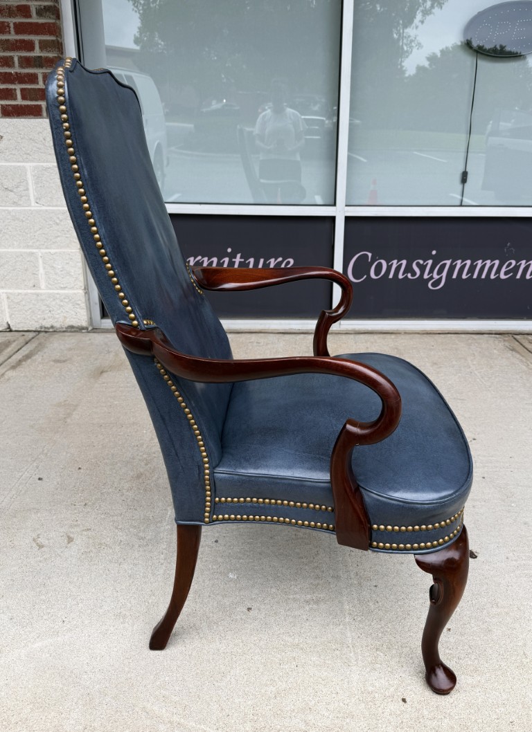 Vintage Blue Leather Desk Chair with Wooden Arms Vintage Blue Leather Desk Chair with Wooden Arms