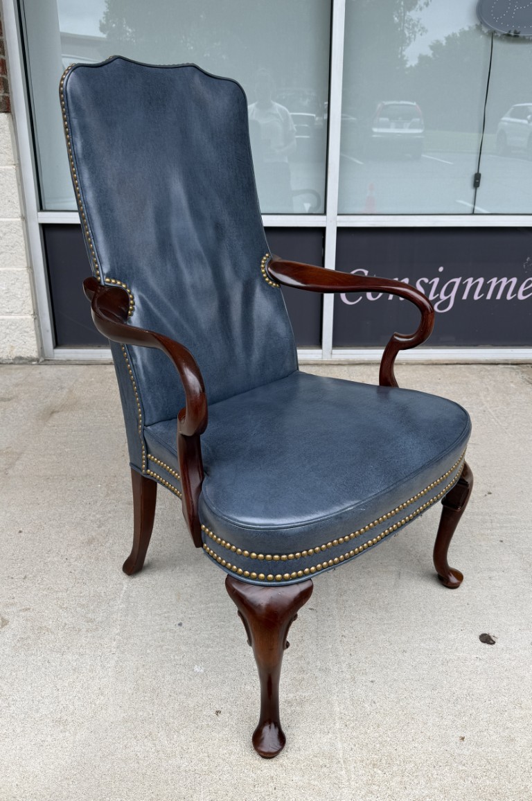 Vintage Blue Leather Desk Chair with Wooden Arms Vintage Blue Leather Desk Chair with Wooden Arms