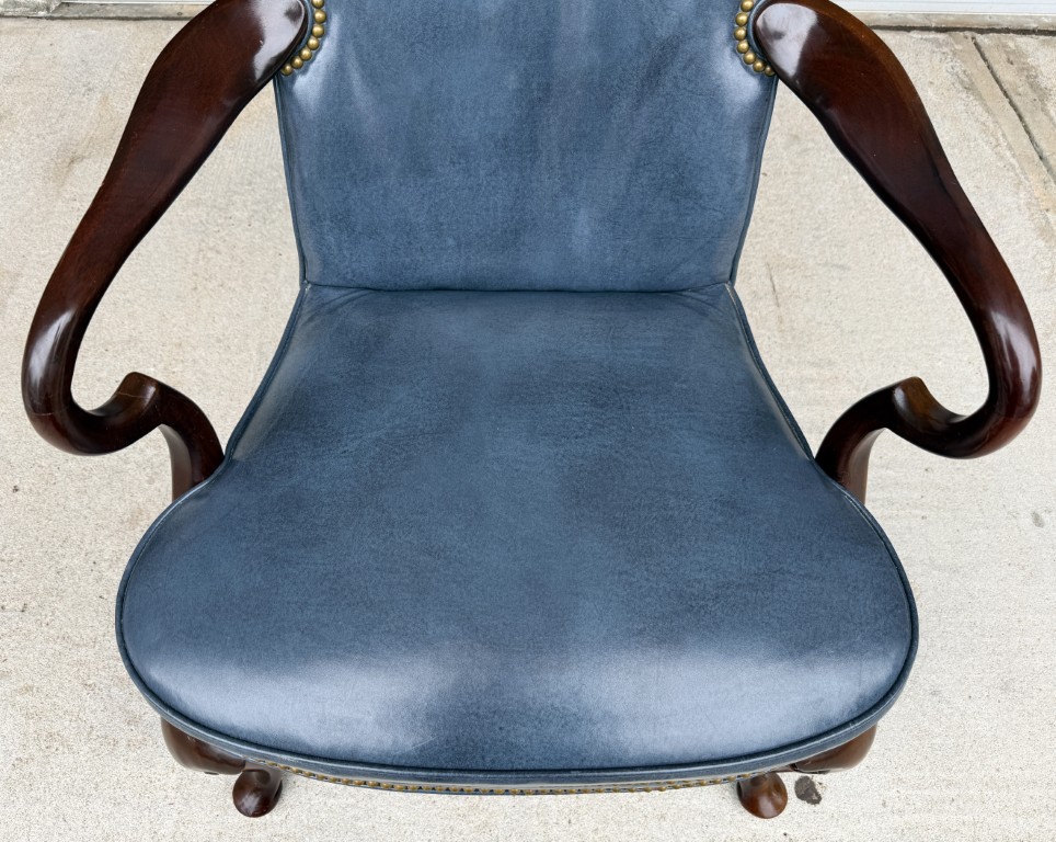 Vintage Blue Leather Desk Chair with Wooden Arms Vintage Blue Leather Desk Chair with Wooden Arms