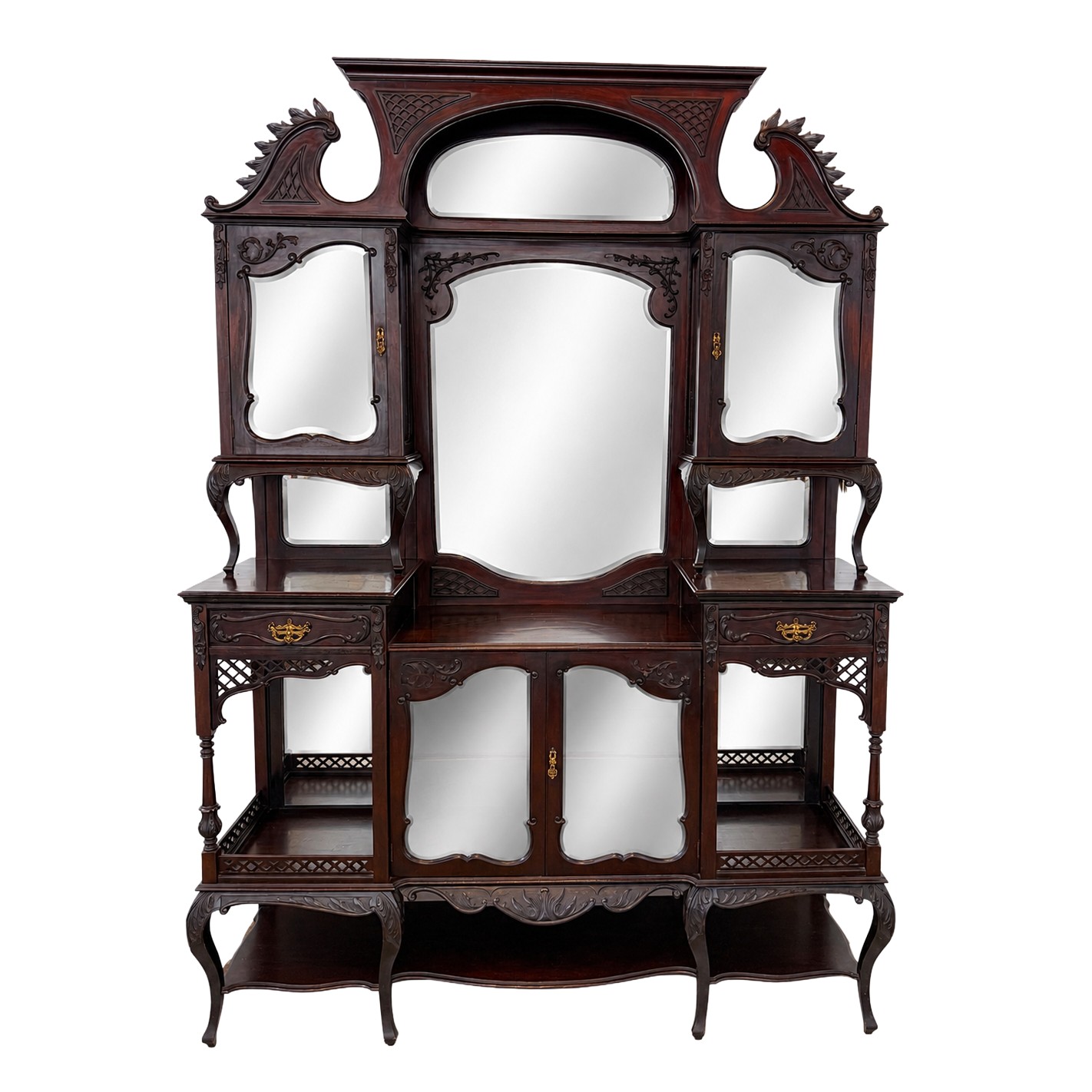 Circa 1890s Dark Wood Étagère with Beveled Glass and Mirrors Circa 1890s Dark Wood Étagère with Beveled Glass and Mirrors
