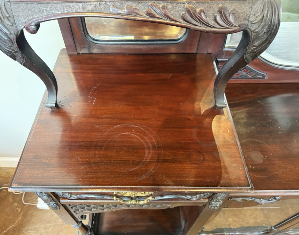 Circa 1890s Dark Wood Étagère with Beveled Glass and Mirrors Circa 1890s Dark Wood Étagère with Beveled Glass and Mirrors