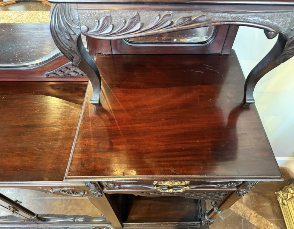 Circa 1890s Dark Wood Étagère with Beveled Glass and Mirrors Circa 1890s Dark Wood Étagère with Beveled Glass and Mirrors