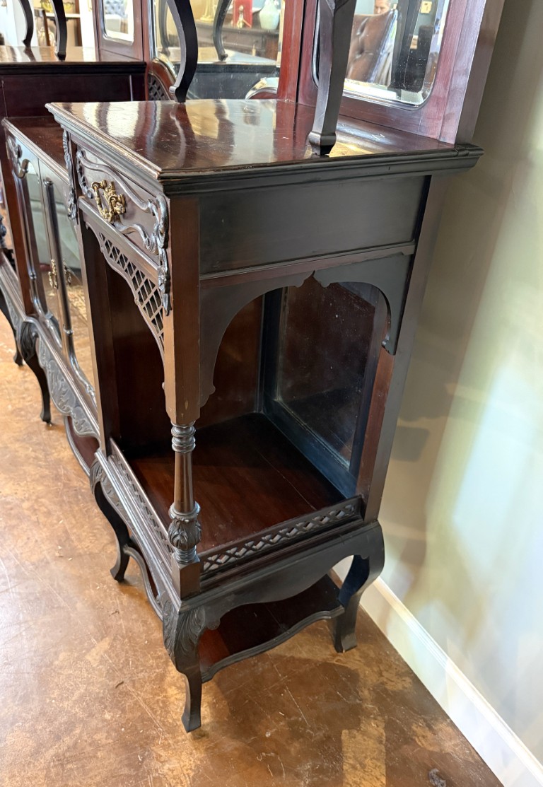 Circa 1890s Dark Wood Étagère with Beveled Glass and Mirrors Circa 1890s Dark Wood Étagère with Beveled Glass and Mirrors