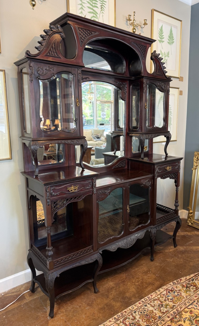 Circa 1890s Dark Wood Étagère with Beveled Glass and Mirrors Circa 1890s Dark Wood Étagère with Beveled Glass and Mirrors