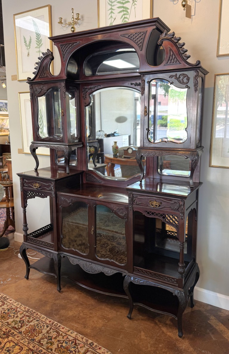 Circa 1890s Dark Wood Étagère with Beveled Glass and Mirrors Circa 1890s Dark Wood Étagère with Beveled Glass and Mirrors