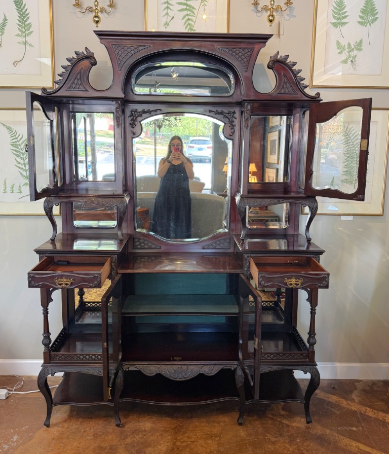 Circa 1890s Dark Wood Étagère with Beveled Glass and Mirrors Circa 1890s Dark Wood Étagère with Beveled Glass and Mirrors