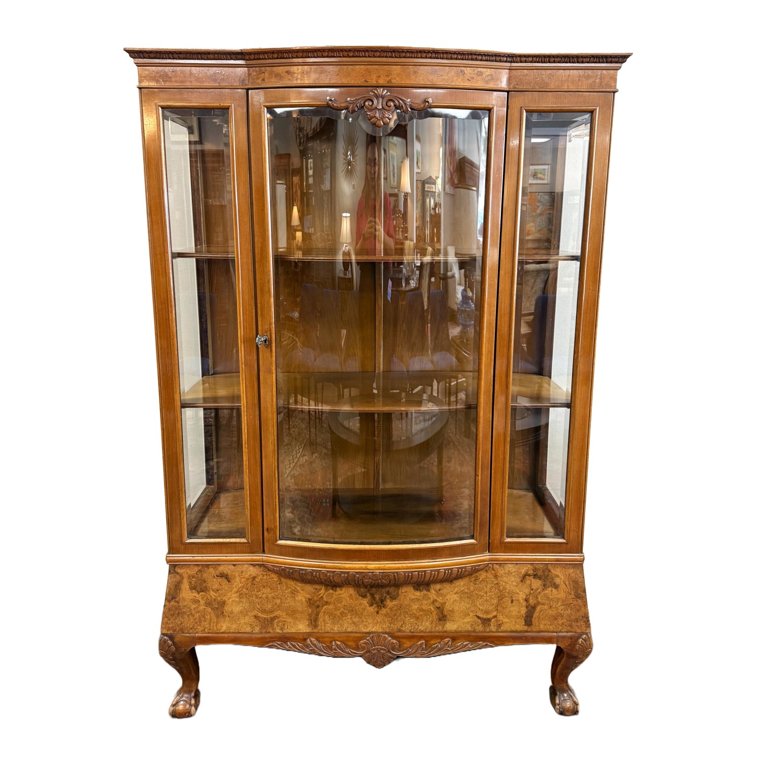 Vintage Burled Walnut Bowfront Curio China Cabinet Vintage Burled Walnut Bowfront Curio China Cabinet