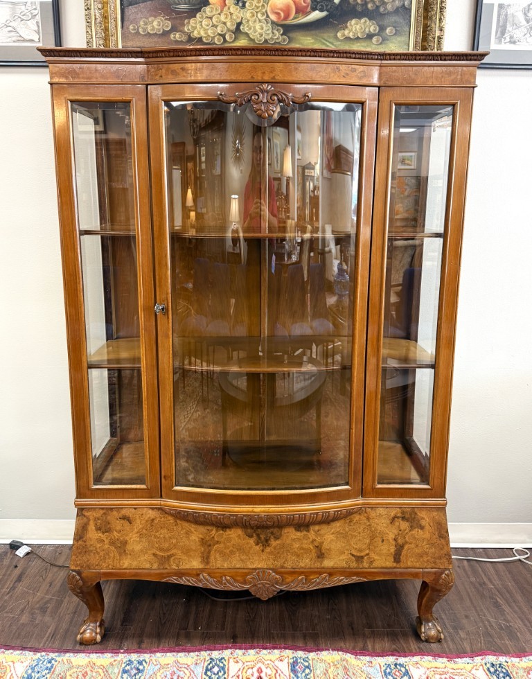 Vintage Burled Walnut Bowfront Curio China Cabinet Vintage Burled Walnut Bowfront Curio China Cabinet