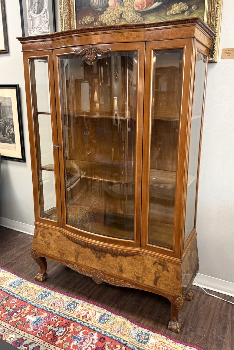 Vintage Burled Walnut Bowfront Curio China Cabinet Vintage Burled Walnut Bowfront Curio China Cabinet