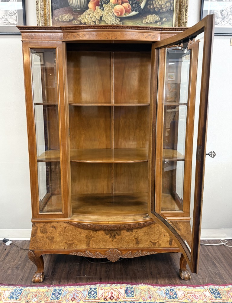 Vintage Burled Walnut Bowfront Curio China Cabinet Vintage Burled Walnut Bowfront Curio China Cabinet