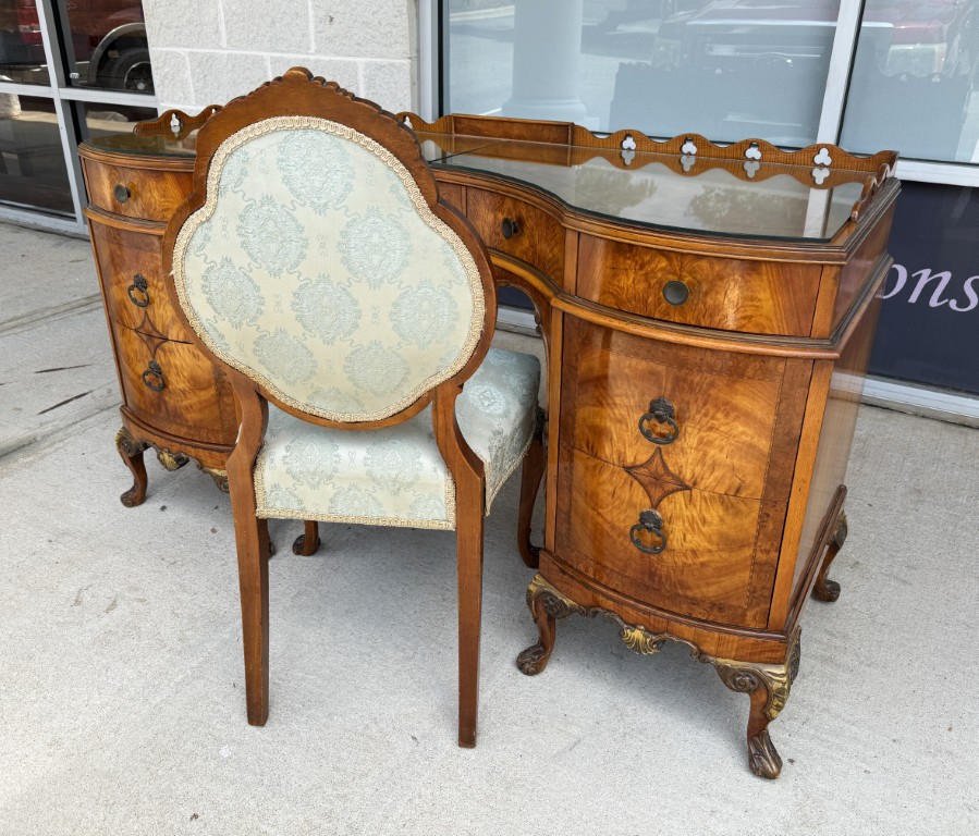 Early 1900s Walnut Vanity and Chair Early 1900s Walnut Vanity and Chair