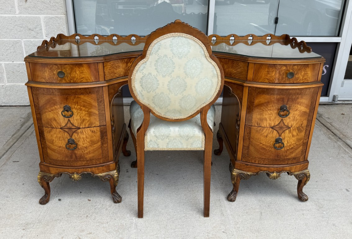 Early 1900s Walnut Vanity and Chair Early 1900s Walnut Vanity and Chair