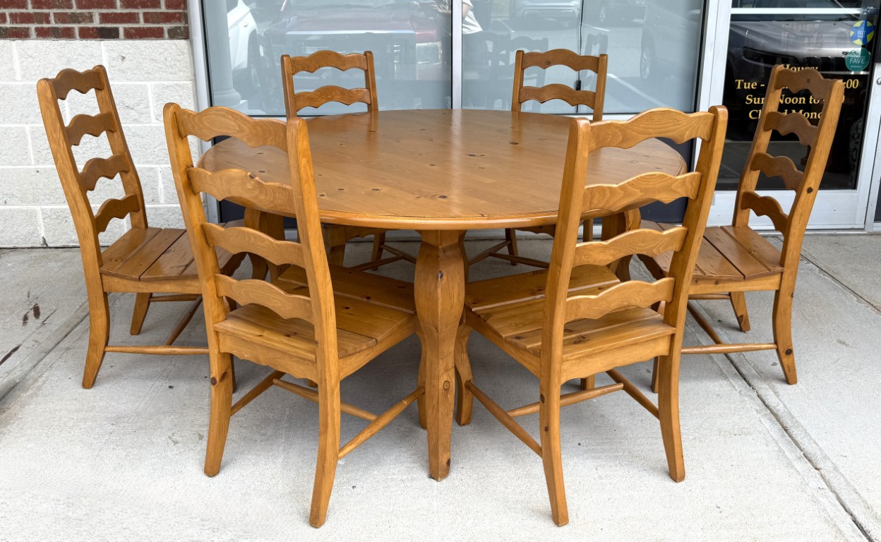 7 Piece Solid Pine Farmhouse Style Round Dining Set 7 Piece Solid Pine Farmhouse Style Round Dining Set