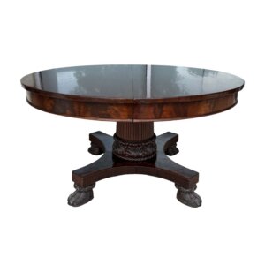 Antique Flamed Mahogany Acanthus-Carved 54in Round Pedestal Dining Table with 5 Leaves
