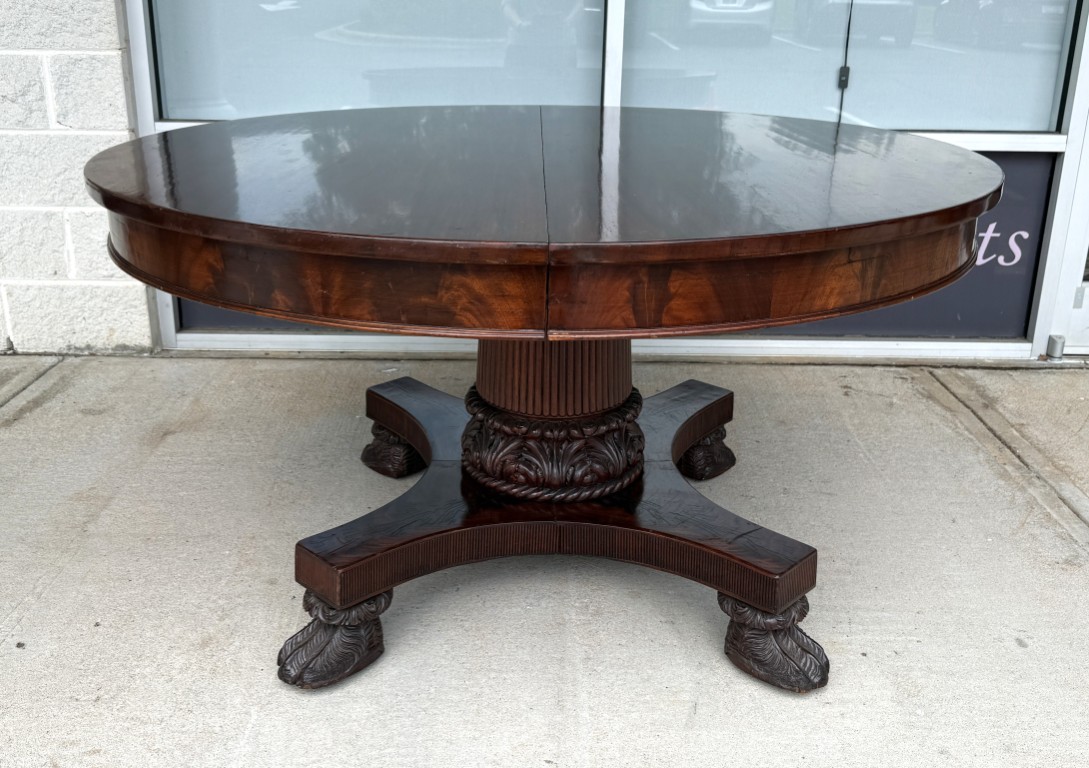 Antique Flamed Mahogany Acanthus-Carved 54in Round Pedestal Dining Table with 5 Leaves Antique Flamed Mahogany Acanthus-Carved 54in Round Pedestal Dining Table with 5 Leaves