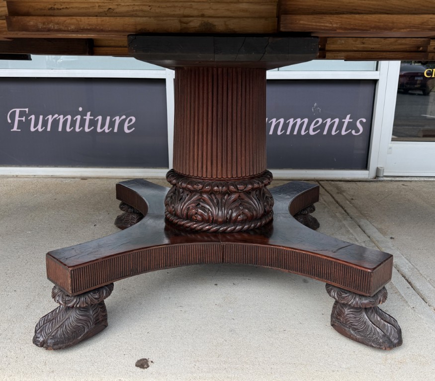 Antique Flamed Mahogany Acanthus-Carved 54in Round Pedestal Dining Table with 5 Leaves Antique Flamed Mahogany Acanthus-Carved 54in Round Pedestal Dining Table with 5 Leaves