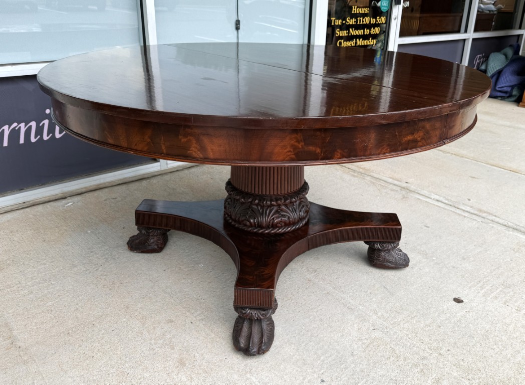 Antique Flamed Mahogany Acanthus-Carved 54in Round Pedestal Dining Table with 5 Leaves Antique Flamed Mahogany Acanthus-Carved 54in Round Pedestal Dining Table with 5 Leaves