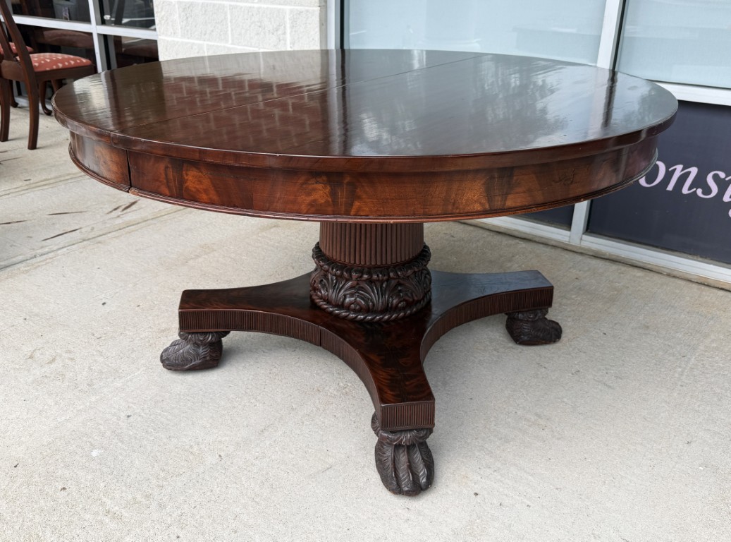 Antique Flamed Mahogany Acanthus-Carved 54in Round Pedestal Dining Table with 5 Leaves Antique Flamed Mahogany Acanthus-Carved 54in Round Pedestal Dining Table with 5 Leaves